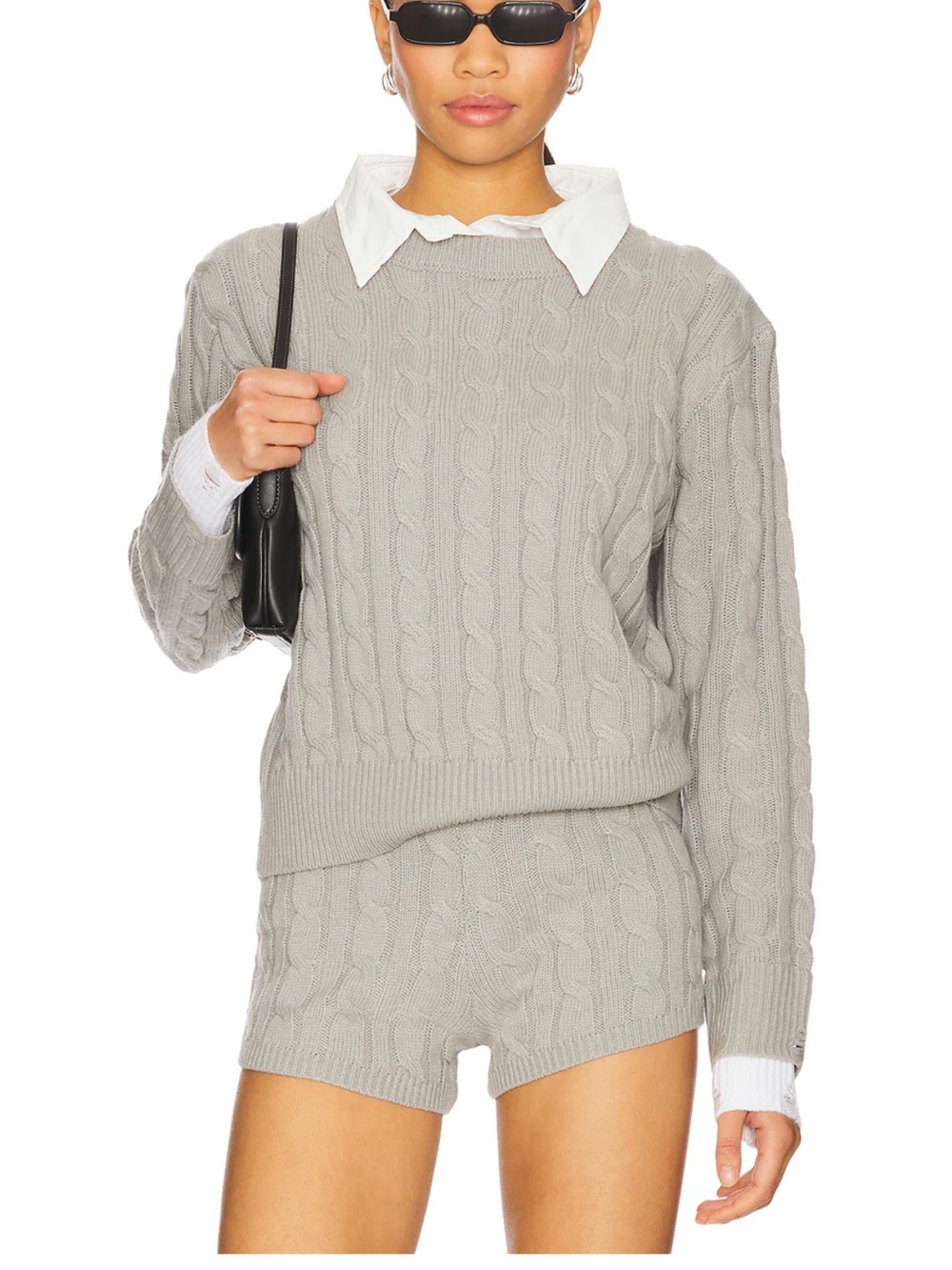 Lioness Cable Knit Crewneck Sweater and shorts in Light Gray